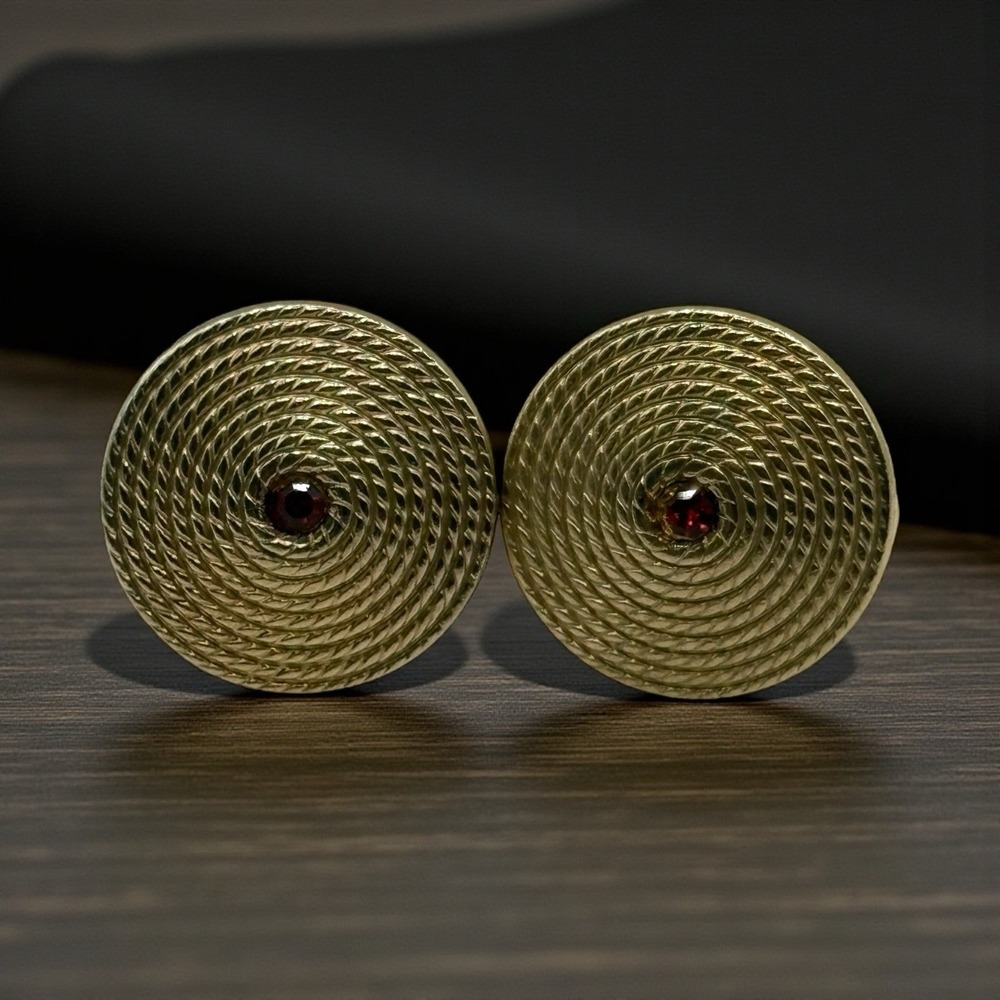 Rope Coil Swirl Cufflinks Red‎ Rhinestone Gold Tone Vintage Men's Round Formal